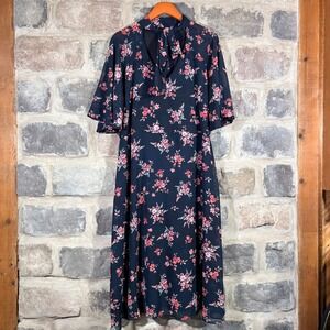 City Chic Navy Pink Floral Tie Neck Flutter Sleeve Midi Dress Plus Size M 18